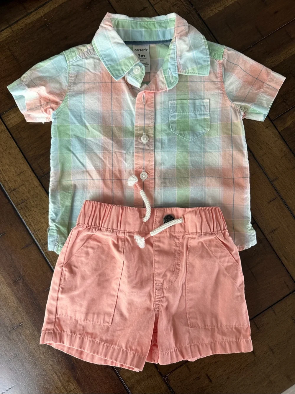 Carter's Peach Tee, Shorts & Pastel Plaid Button Shirt Set